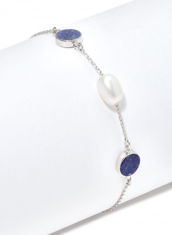 18 Karat White Gold Lapis Lazuli And Pearl Three Stone Bracelet