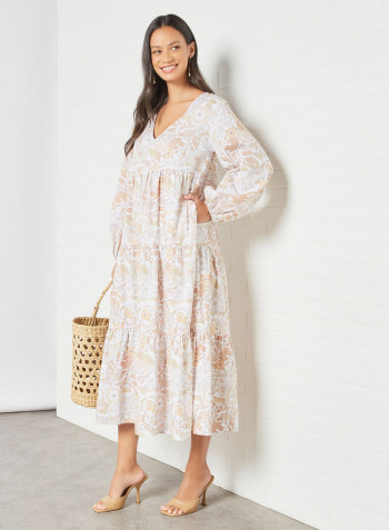 V-Neck Floral Print Dress White