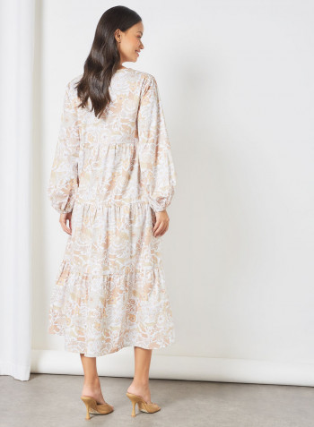 V-Neck Floral Print Dress White