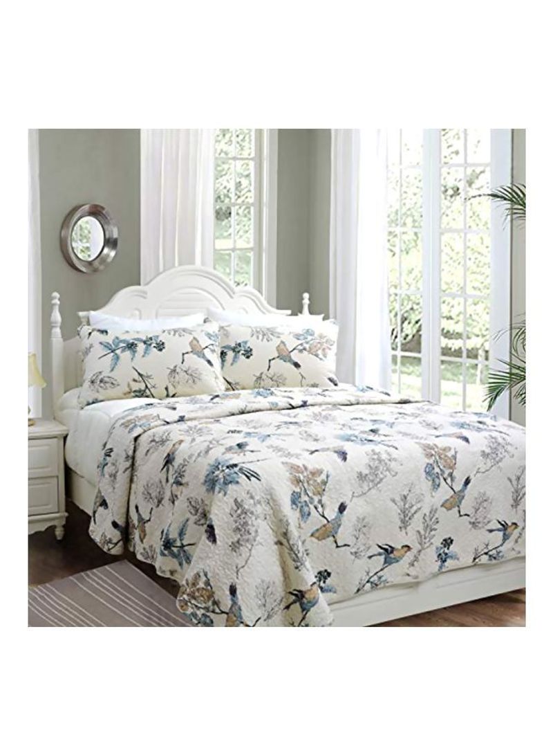 3-Piece Printed Quilt With Pillow Shams Set Beige/Blue/Yellow Queen