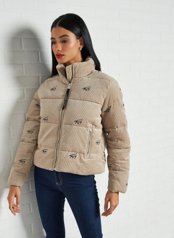 Corduroy Relaxed Fit Puffer Jacket Soft Beige