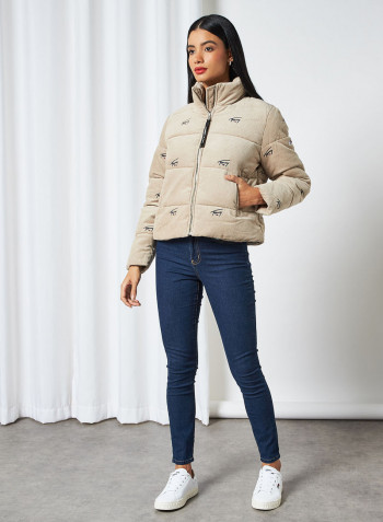 Corduroy Relaxed Fit Puffer Jacket Soft Beige