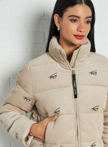 Corduroy Relaxed Fit Puffer Jacket Soft Beige