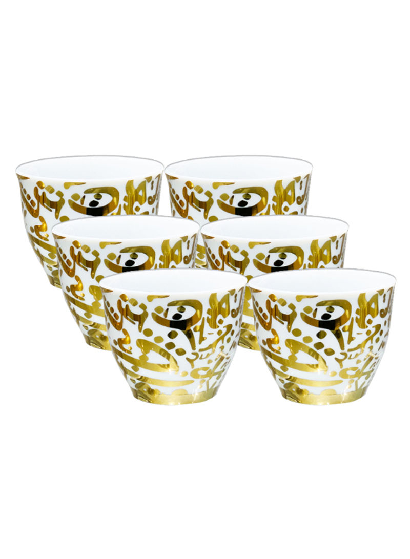 6-Piece Gawa Arabic Letters Printed Tea Cup Set Gold/White 5.5cm