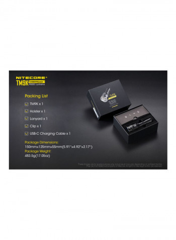 TM9K 9500 Lumen USB-C Rechargeable LED Flashlight Black 125millimeter