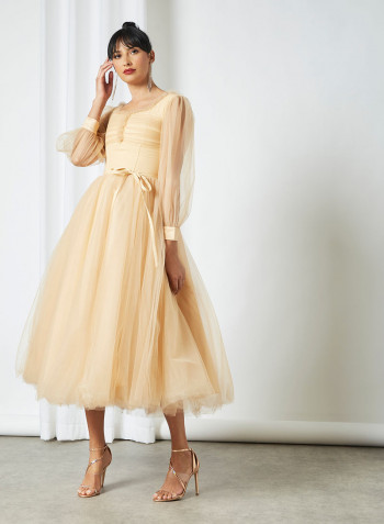 Ruffled Midi Dress Beige