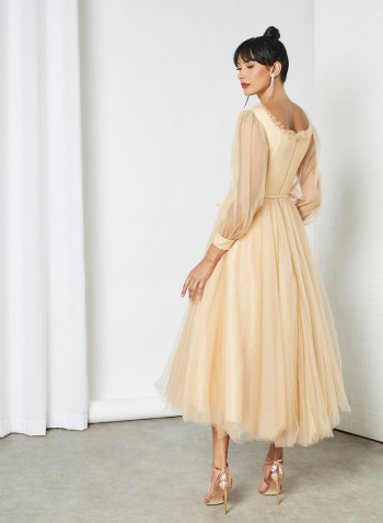 Ruffled Midi Dress Beige