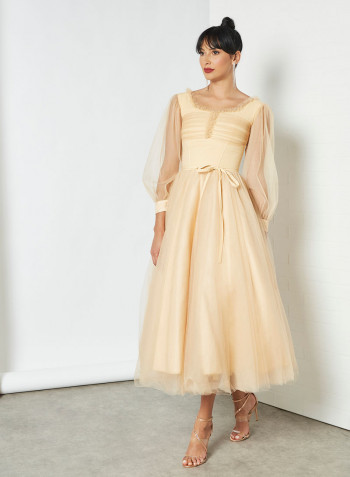 Ruffled Midi Dress Beige