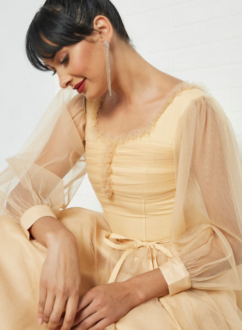 Ruffled Midi Dress Beige