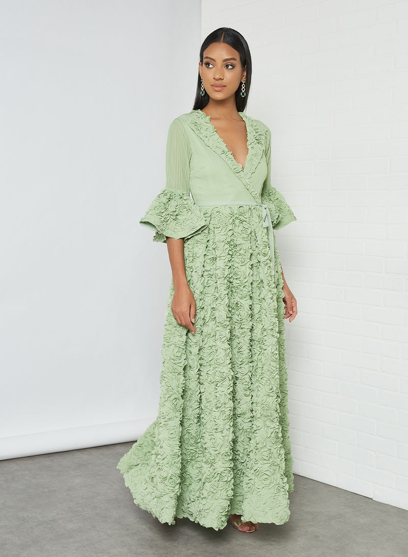 Pleated Wrap Front Floral Maxi Dress Green