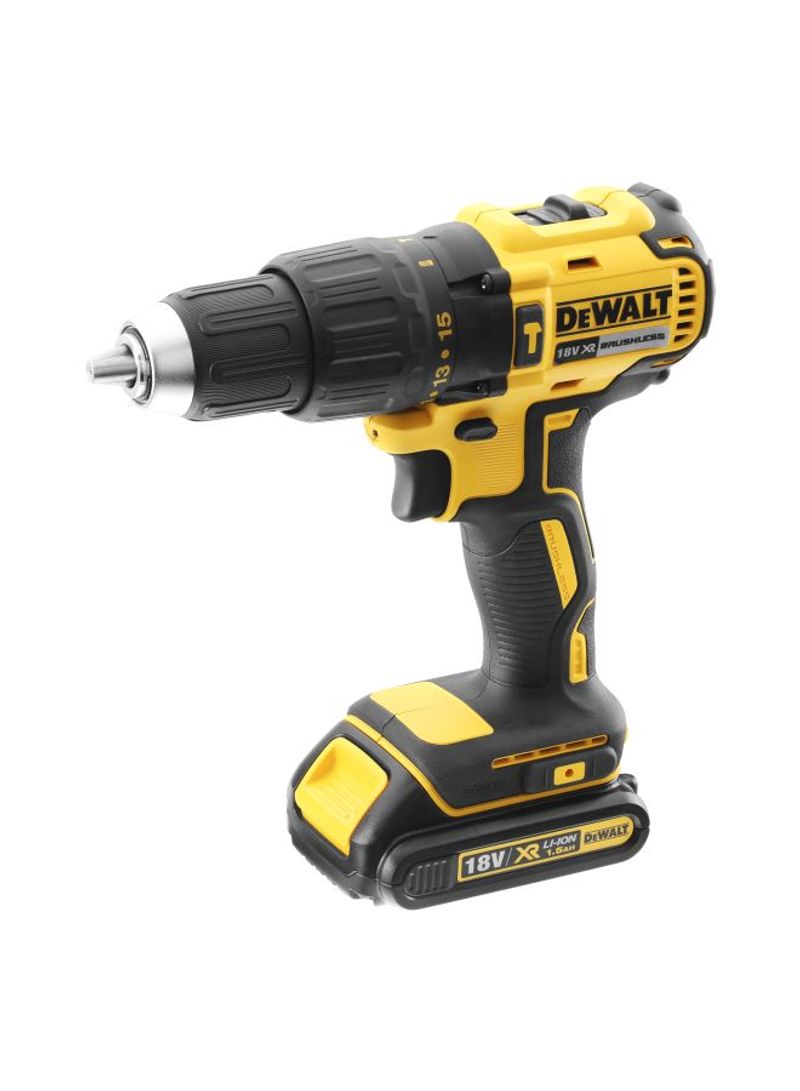 18V Compact Hammer Drill, Brushless, 2 x 1.5Ah Batteries, Charger And Kit Box Yellow/Black 13millimeter