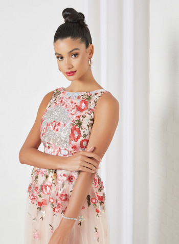 Floral Embroidered Dress Peach Pink