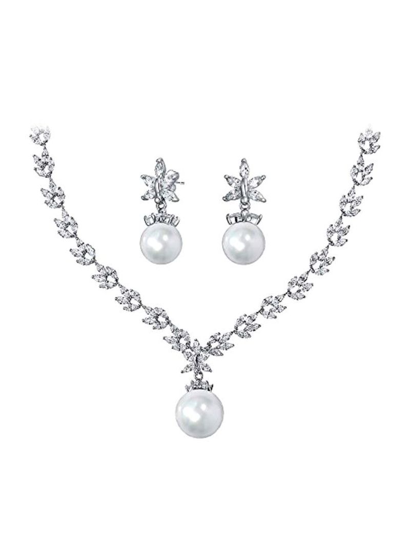 Rhodium Plated Brass Cubic Zirconia And Pearl Studded Jewelery Set