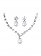 Rhodium Plated Brass Cubic Zirconia And Pearl Studded Jewelery Set