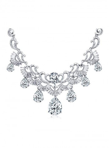 Rhodium Plated Brass Cubic Zirconia Studded Teardrop Necklace