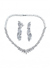 Rhodium Plated Brass Cubic Zirconia Studded Necklace And Earring Set