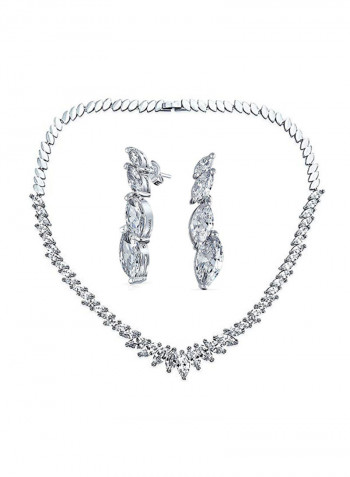Rhodium Plated Brass Cubic Zirconia Studded Necklace And Earring Set