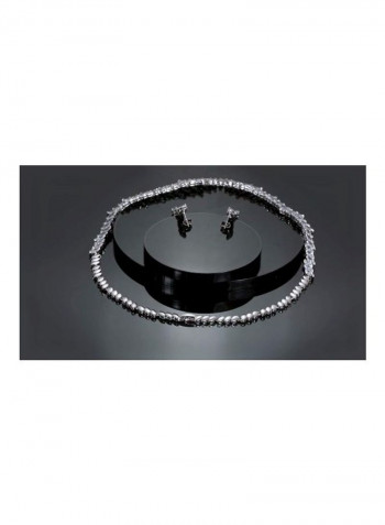 Rhodium Plated Brass Cubic Zirconia Studded Necklace And Earring Set