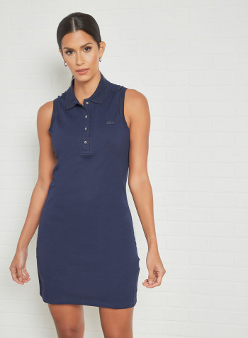 Stretch Cotton Piqué Polo Dress Navy Blue