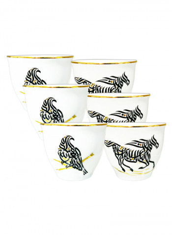 6-Piece Falcon Horse Printd Tea Cup Set Black/White/Gold 5.5cm