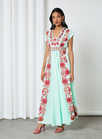 Floral Embroidery Print Kaftan Dress Light Aqua