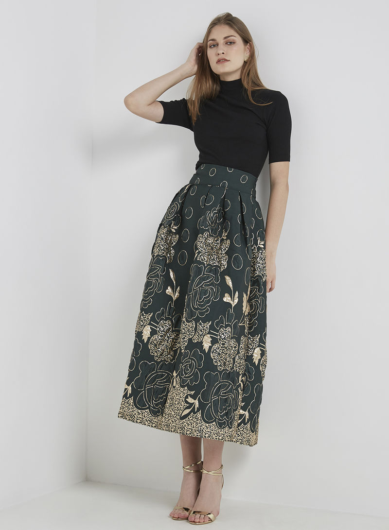 Classy Floral Jacquard Midi Skirt Green/Gold