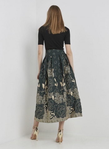 Classy Floral Jacquard Midi Skirt Green/Gold