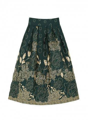Classy Floral Jacquard Midi Skirt Green/Gold