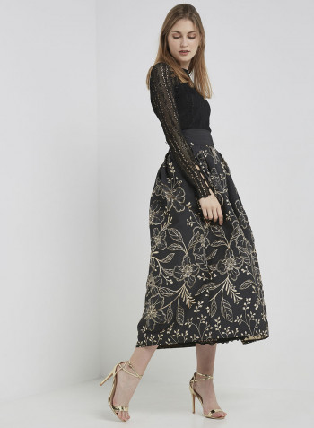 Floral Jacquard Midi Skirt Black/Gold