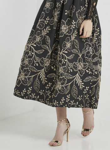 Floral Jacquard Midi Skirt Black/Gold