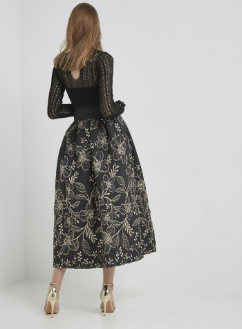 Floral Jacquard Midi Skirt Black/Gold