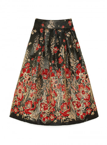 Floral Jacquard Midi Skirt Red/Black/Gold