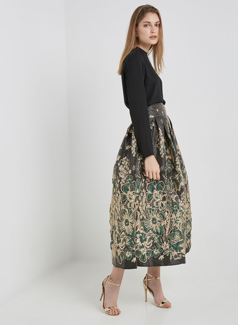 Floral Jacquard Midi Skirt Green/Black/Gold