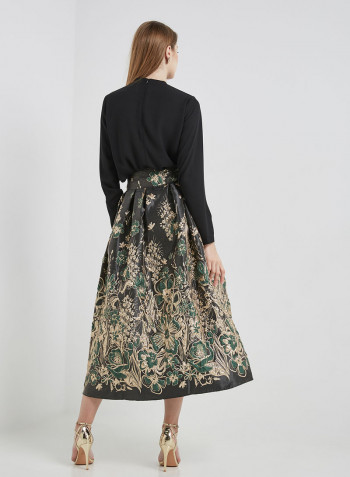 Floral Jacquard Midi Skirt Green/Black/Gold