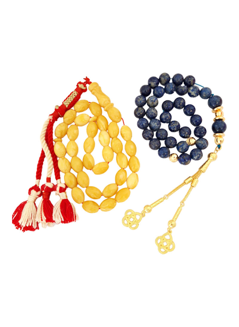 Set of 2 18 Karat Gold Lapis Lazuli and Amber Sand Sibha Beads