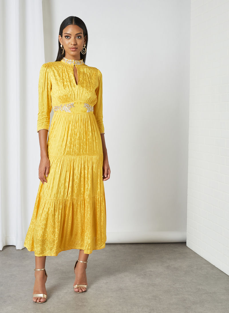 Embroidered Tier Dress Yellow