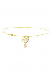 18 Karat Solid Yellow Gold Heart With 7 mm Drop Pearl Chain Bracelet