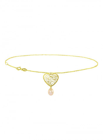 18 Karat Solid Yellow Gold Heart With 7 mm Drop Pearl Chain Bracelet