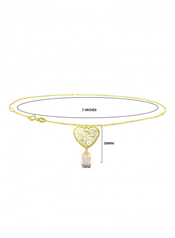 18 Karat Solid Yellow Gold Heart With 7 mm Drop Pearl Chain Bracelet