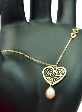 18 Karat Solid Yellow Gold Heart With 7 mm Drop Pearl Chain Bracelet