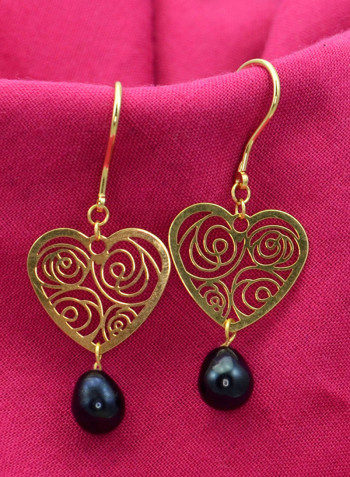 18 Karat Solid Yellow Gold Heart With 7 mm Drop Pearl Earrings