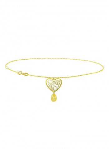 18 Karat Solid Yellow Gold Heart With 7 mm Drop Pearl Chain Bracelet