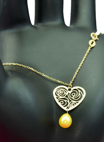 18 Karat Solid Yellow Gold Heart With 7 mm Drop Pearl Chain Bracelet
