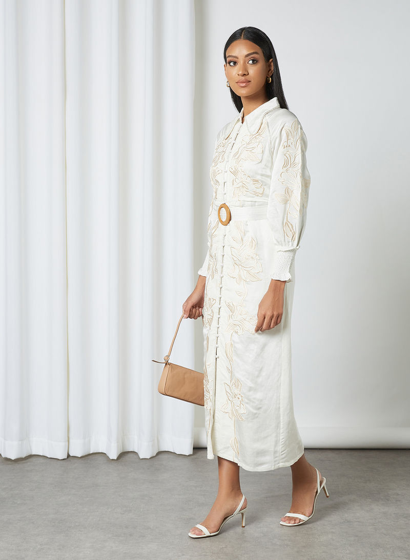 Panel Embroidered Shirt Dress Off White