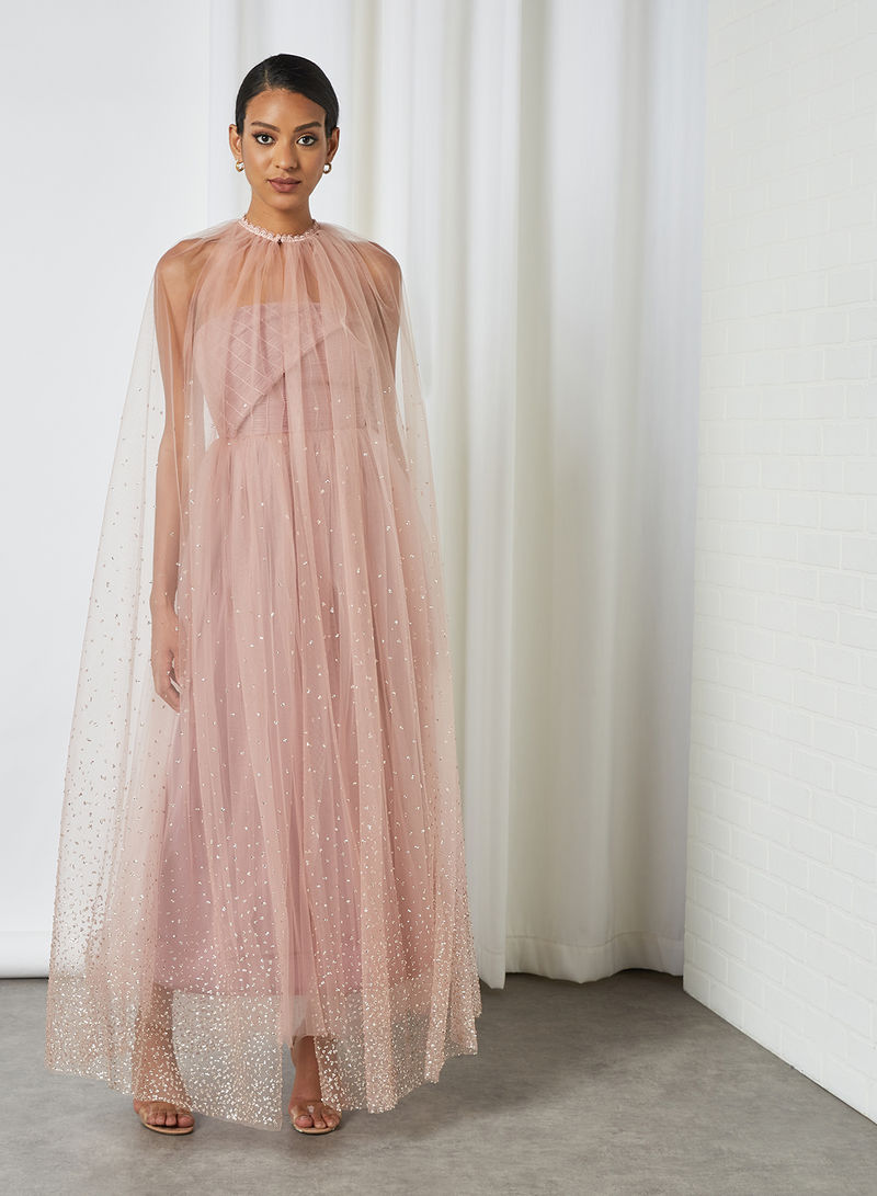 Scattered Sequin Sheer Cape Midi Dress Pink