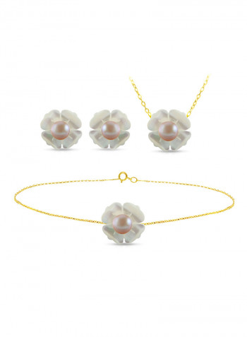 Set of 3 18 Karat Gold Mother Of Pearl Flower Design With Pearl Necklace, Bracelet and Earrings