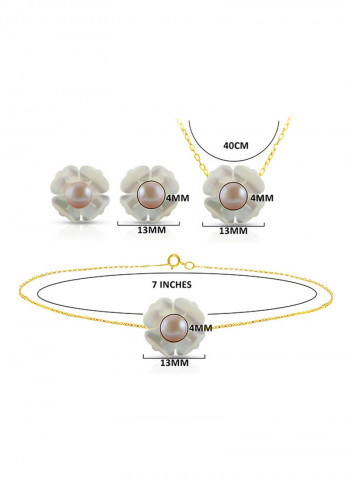 Set of 3 18 Karat Gold Mother Of Pearl Flower Design With Pearl Necklace, Bracelet and Earrings