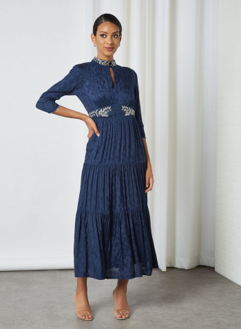 Embroidered Tier Dress Navy
