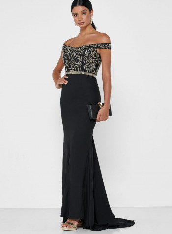 Embellished Bardot Dress Black
