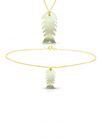 18 Karat Gold Fishbone Shape Mother Of Pearl Pendant And Chain Bracelet Set